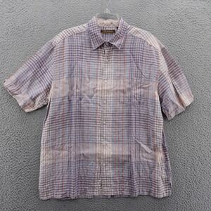 Cubavera Plaid Linen Button Down Shirt‎ XL Blue Pink Mens Short Sleeve Beach
